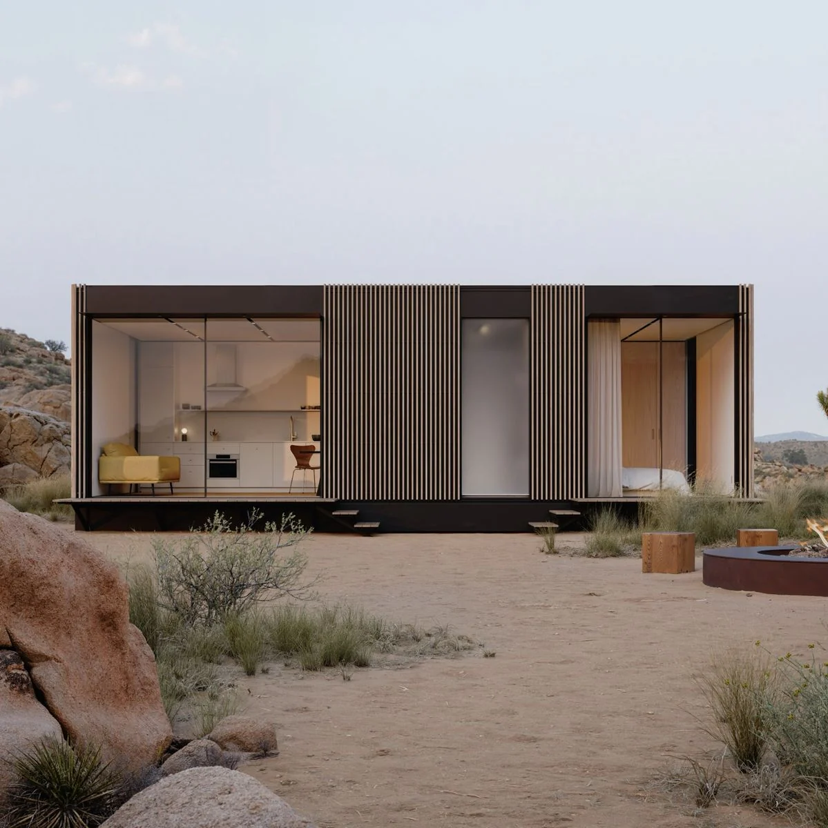 Cover steel backyard home exterior with dark wood facade and floor-to-ceiling glass in a desert setting