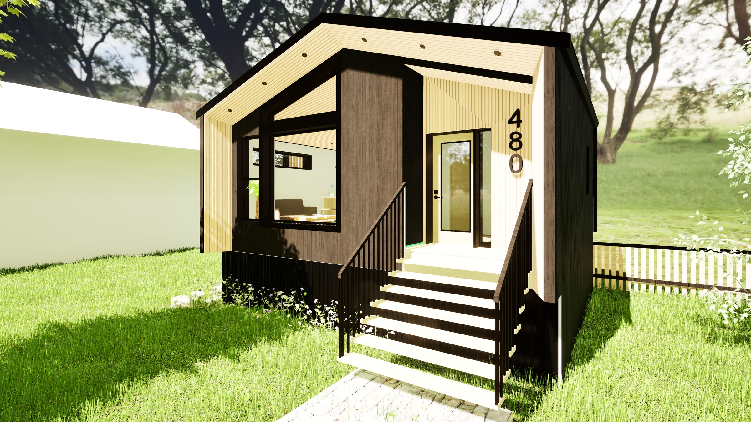 Official FABUTEK design rendering of the Magni480 ADU front entry with gabled roof, wood siding, and black cladding
