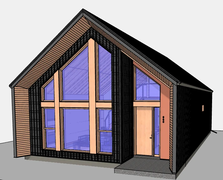 Official FABUTEK Selkie960 one-storey front axonometric design illustration with gabled roof and glazed facade