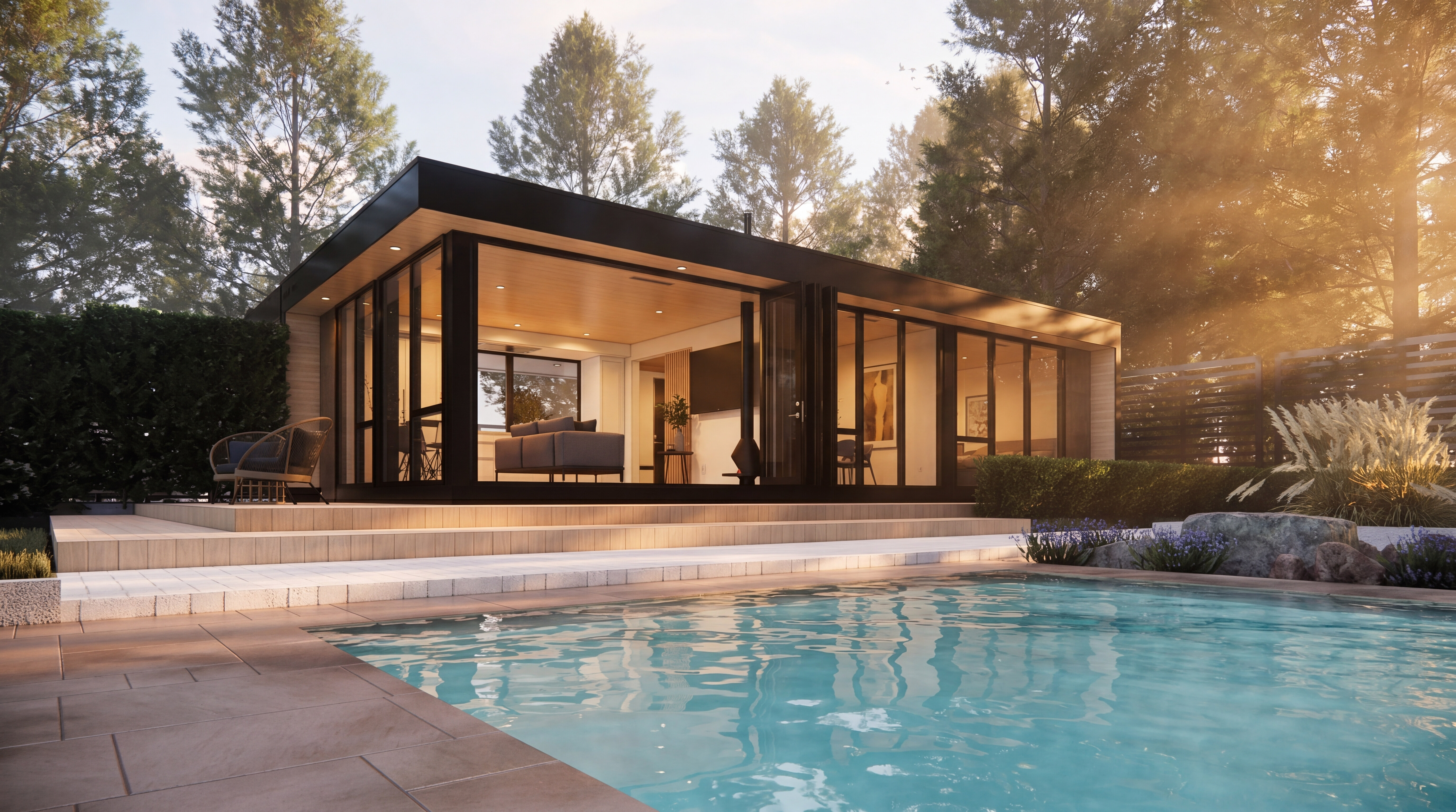 G5 HO2 exterior with glass walls and wood patio, published by Honomobo