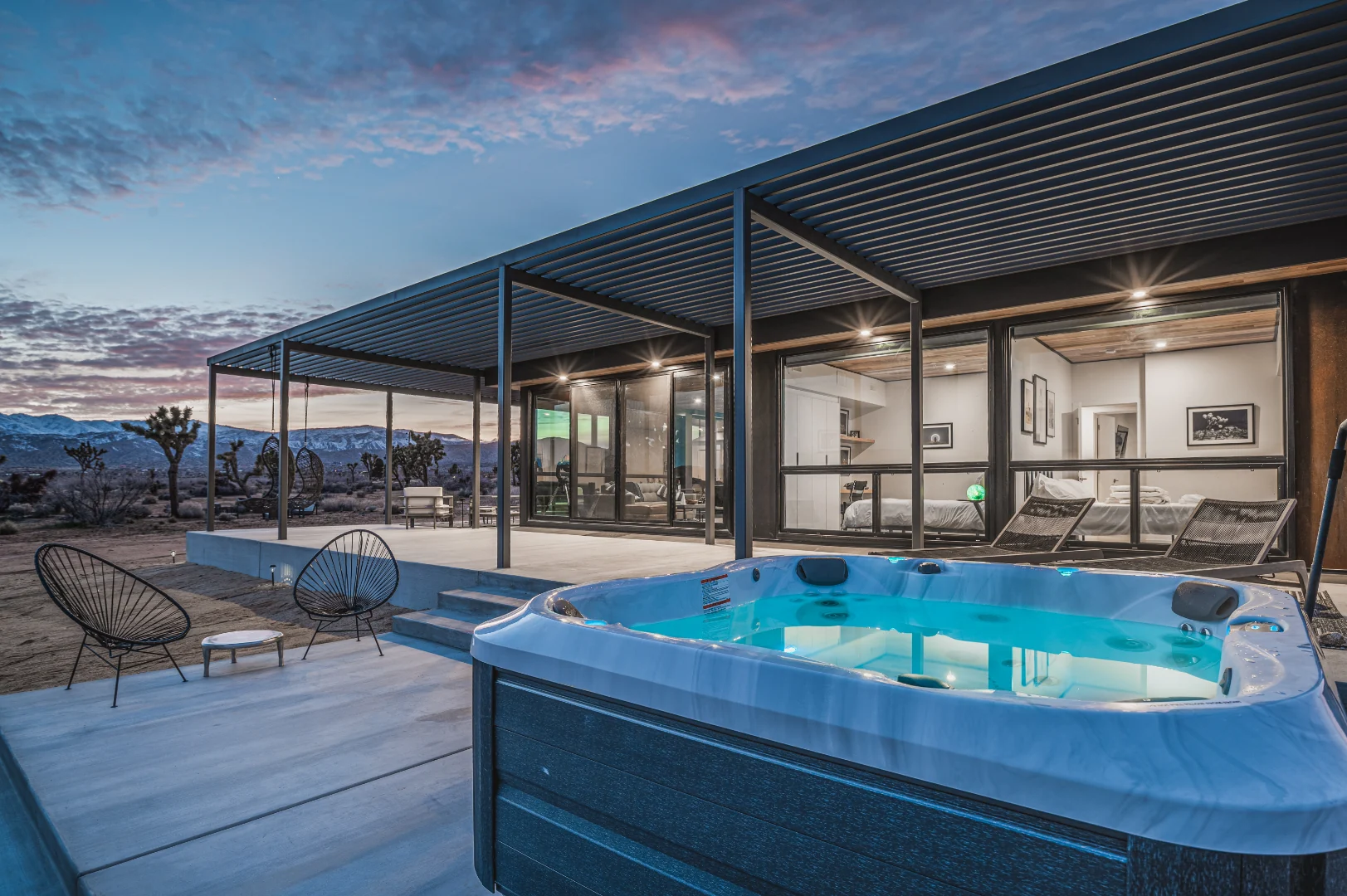 Exterior view of a Honomobo G5 HO5 modern modular home at the Interstellar project in Pioneertown, California