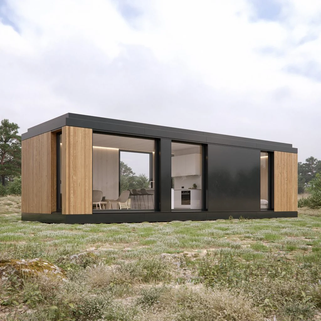 Official Manta North Ray design rendering of the compact flat-roof CLT home in a landscaped setting