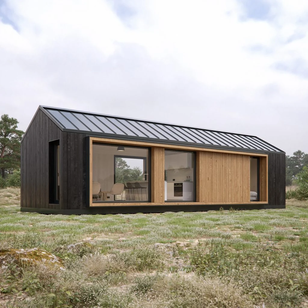 Official Manta North Slope design rendering of the compact sloped-roof CLT home in a landscaped setting