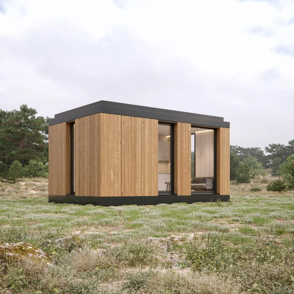 Official Manta North Weekend Ray design rendering of a compact flat-roof CLT studio