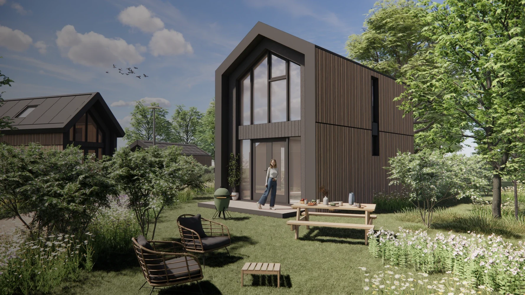 Official design rendering of a Millhome 60 timber home with a large glazed facade