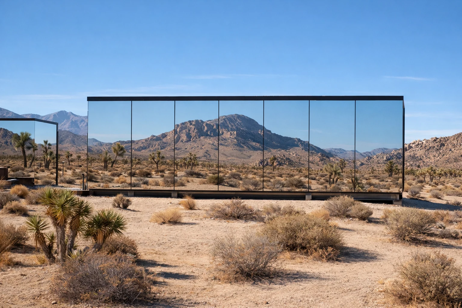 ÖÖD The Big Monolith mirror-glass prefab home exterior in a desert landscape