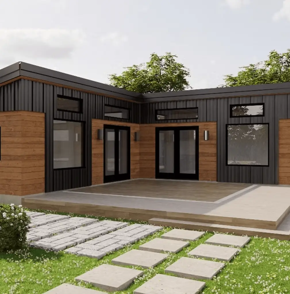Official Origin Studio design rendering of The Sahar studio with dark metal cladding and wood accents around a patio