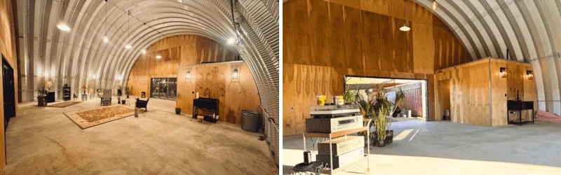 Composite of two views showing the steel arch and wood end wall inside the pavilion.