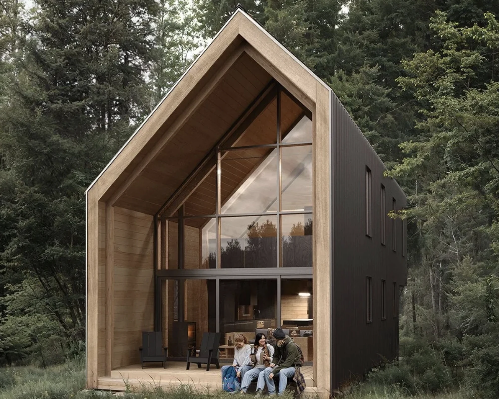 The Backcountry Hut Company System 02, a two-storey prefab cabin kit, exterior with full height gable glazing