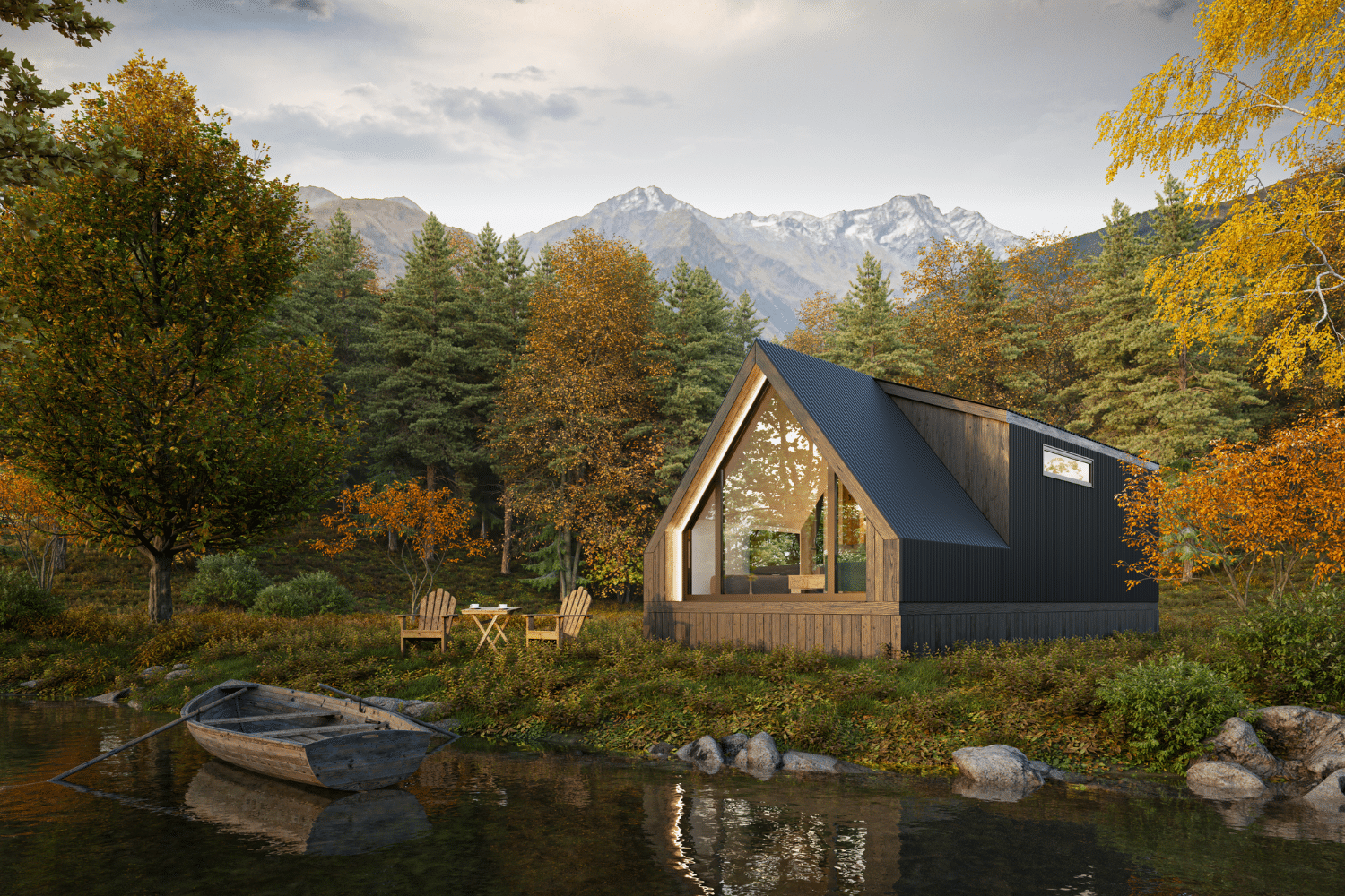 Exterior view published for the A-Frame Bunkhouse by Zook Cabins