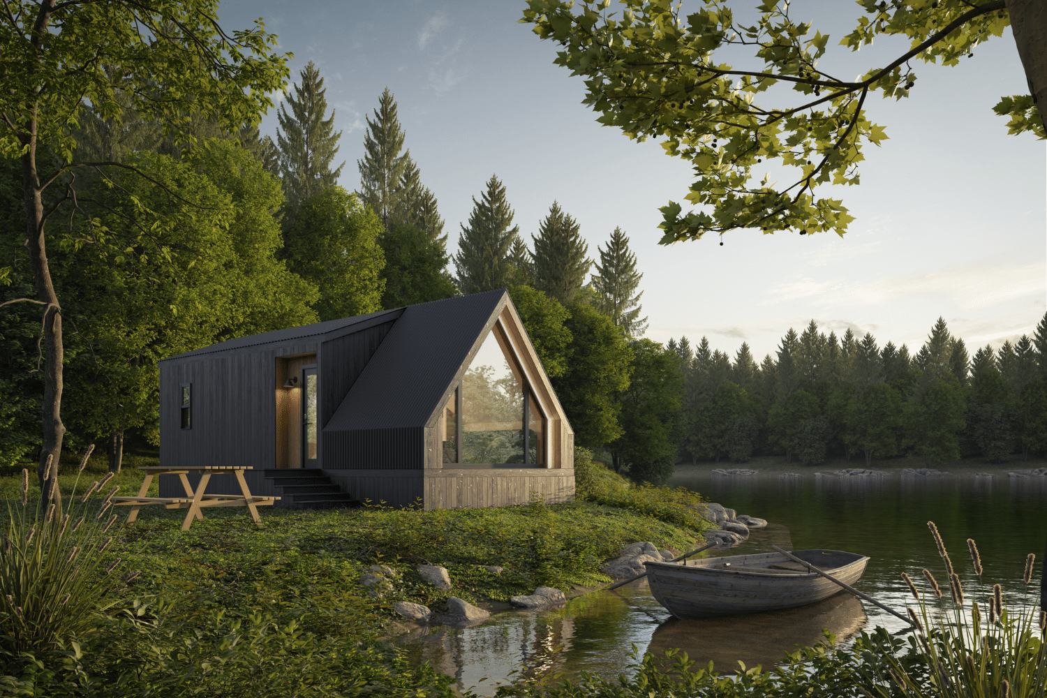 A-Frame Bunkhouse exterior beside a lake, published by Zook Cabins