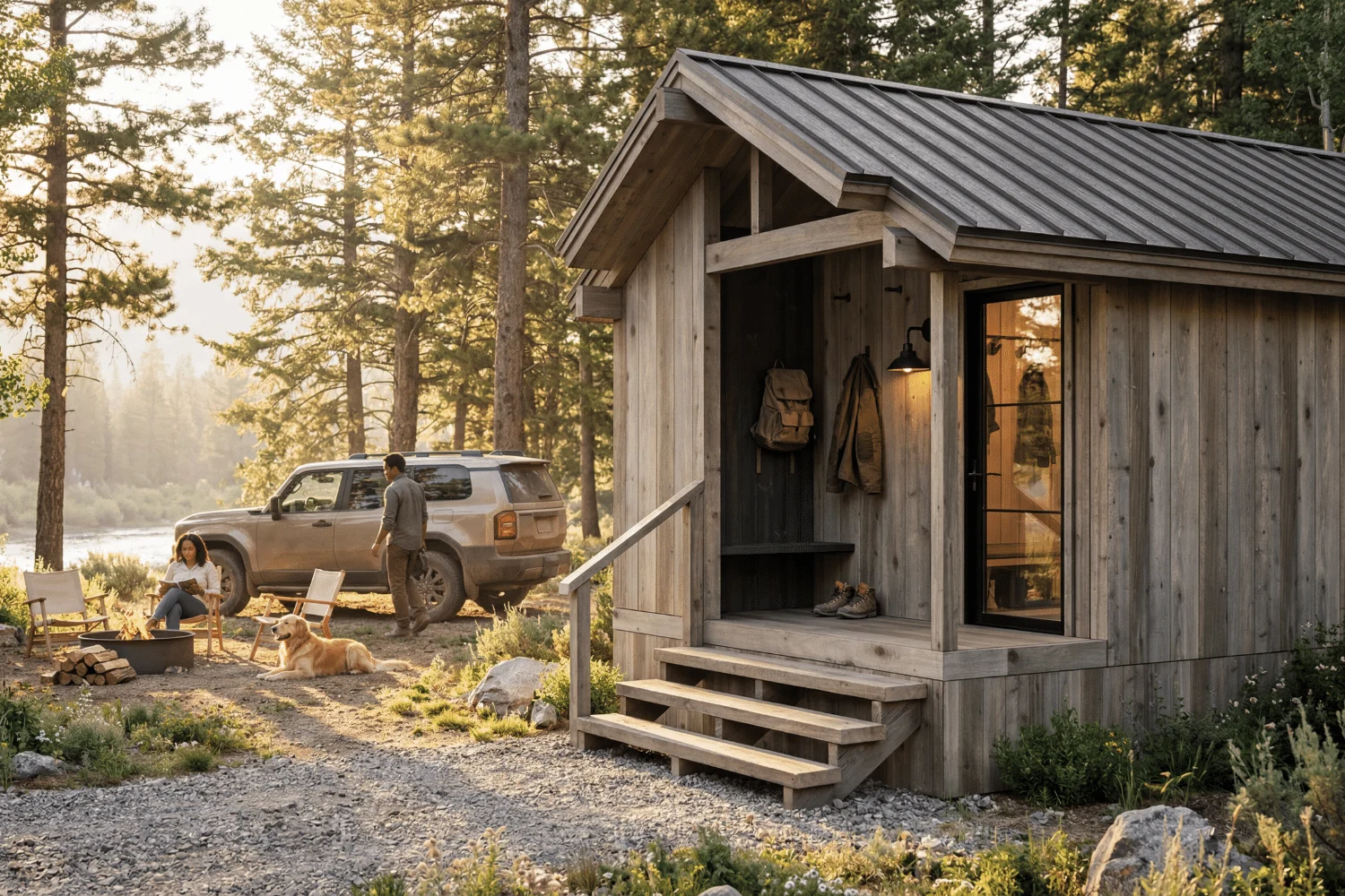 A Yukon park model cabin with weathered wood siding, a covered entry porch, and a metal roof in a wooded setting.